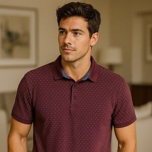 Zara Man‎ Polka Dot Polo Shirt Denim Trim Casual Modern Burgundy Large